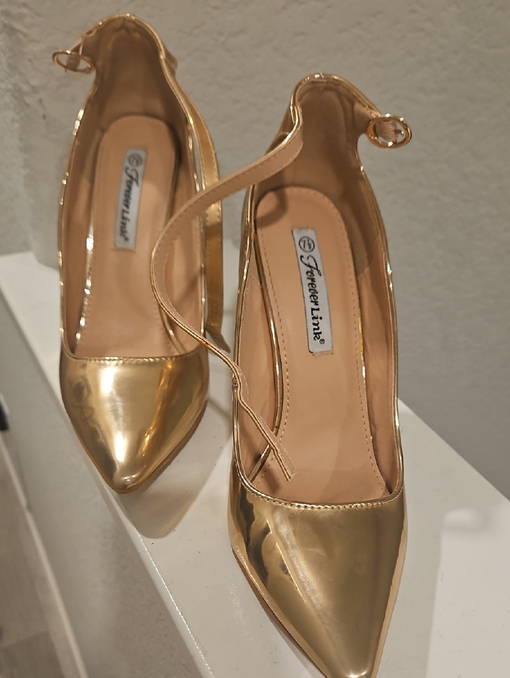 Forever Link Metallic Gold Pointed-Toe Ankle-Strap Heels